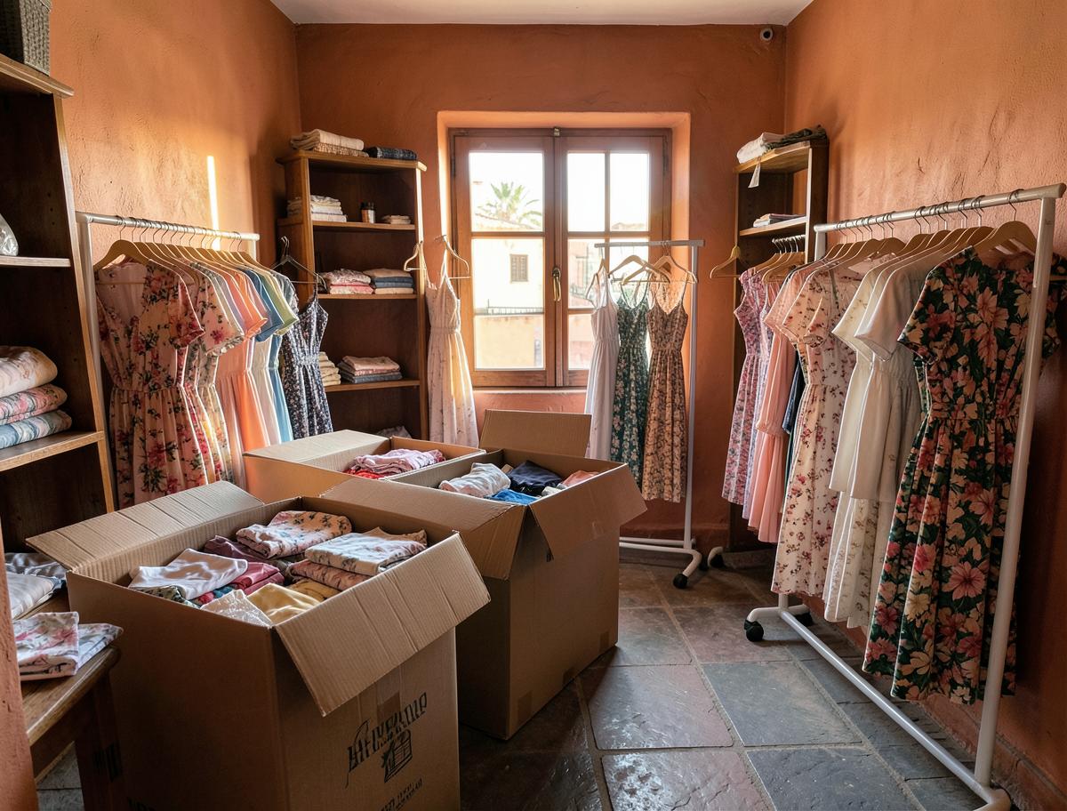 Interior de la boutique MYVIBELLE con cajas de mudanza durante el cierre