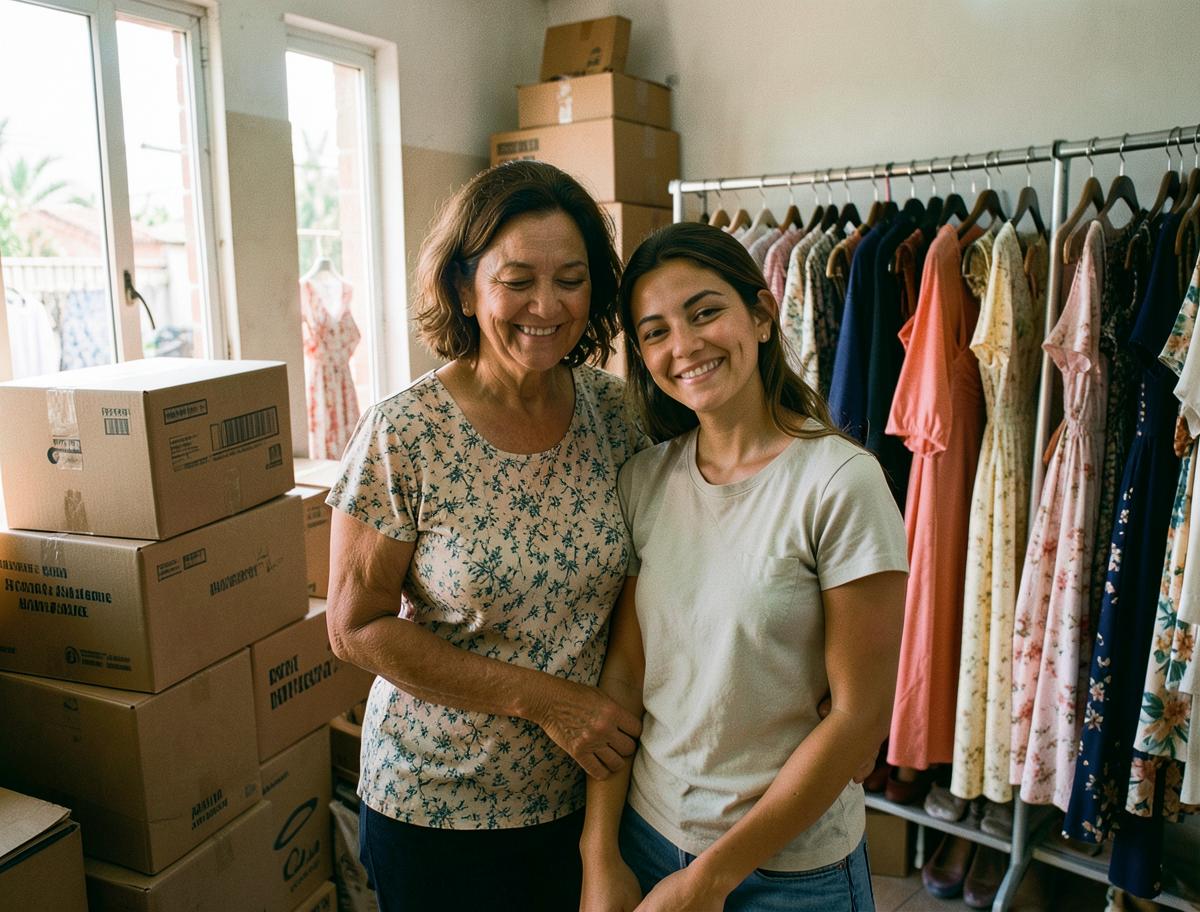 Carmen y su hija Marta en la boutique entre cajas de mudanza