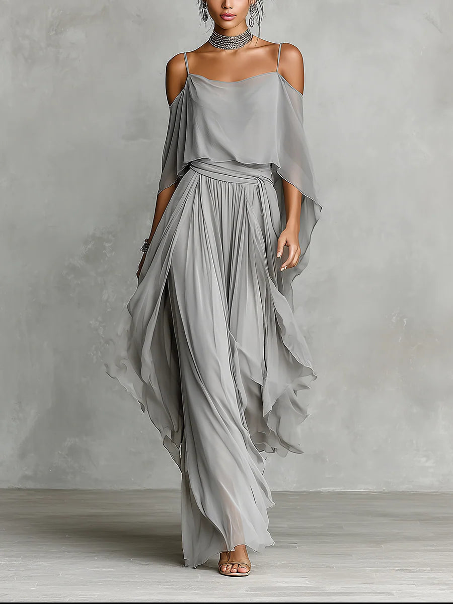 Isabella - Set composto da canotta fluida grigia con spalle scoperte e pantaloni in chiffon