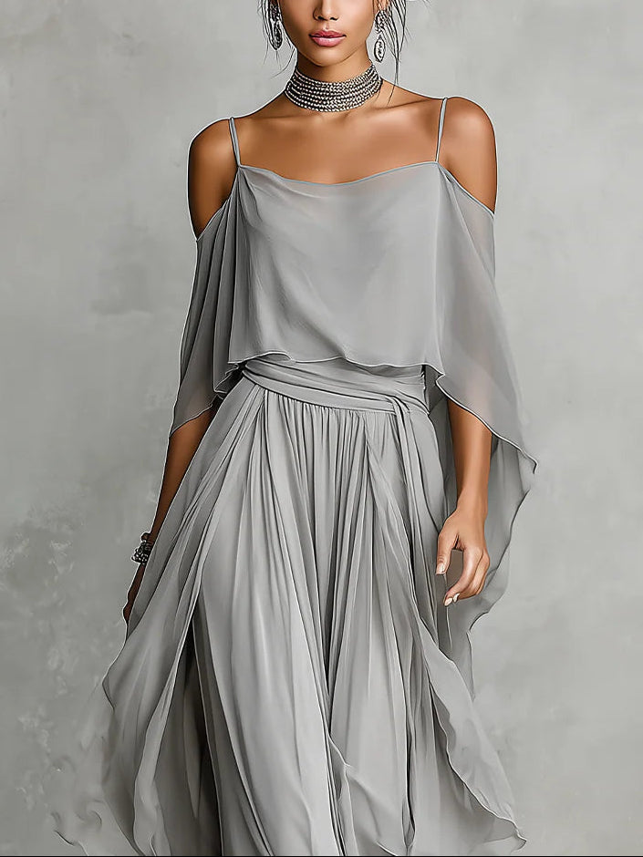 Isabella - Set composto da canotta fluida grigia con spalle scoperte e pantaloni in chiffon