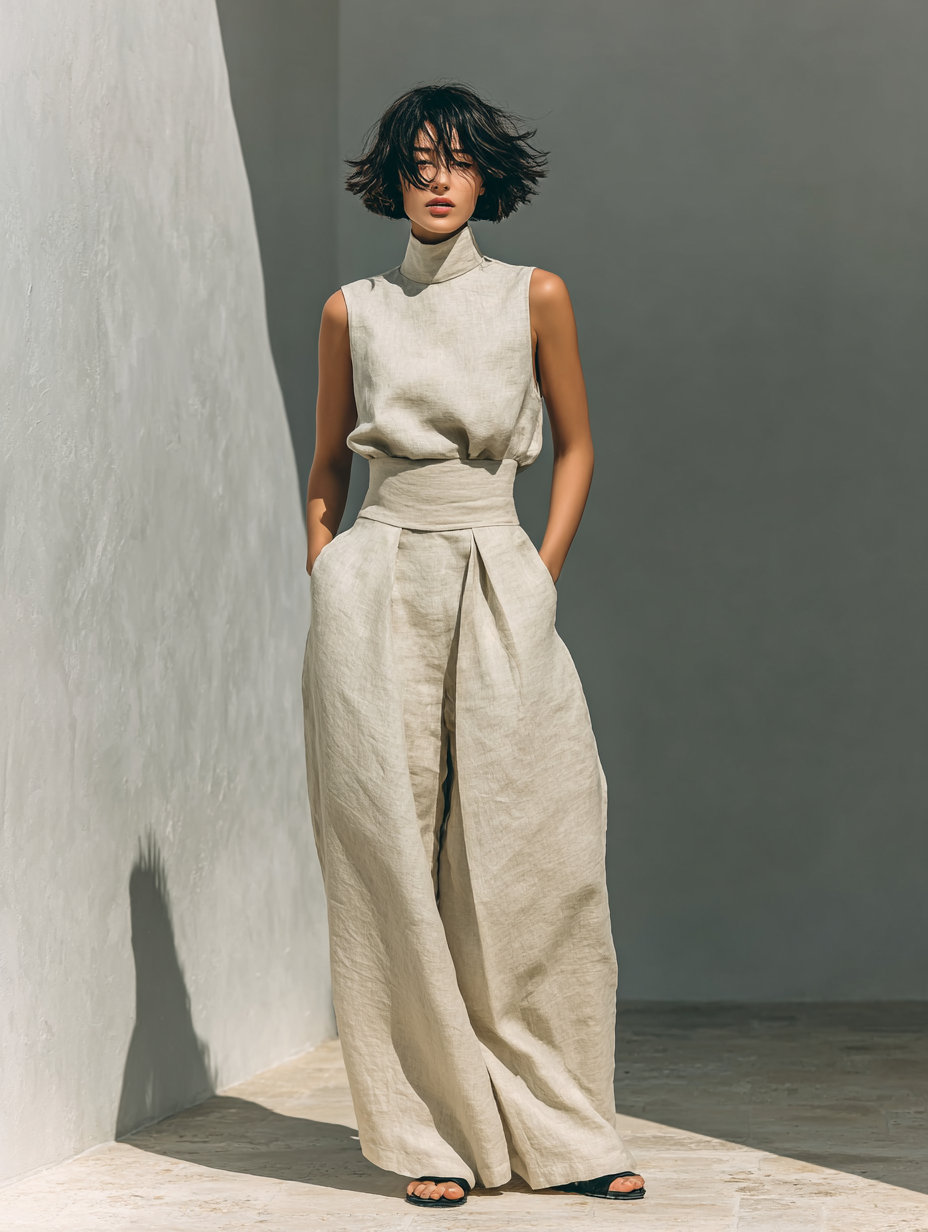 Maria | Conjunto minimalista de top de algodón y lino y pantalón de pierna ancha para mujer