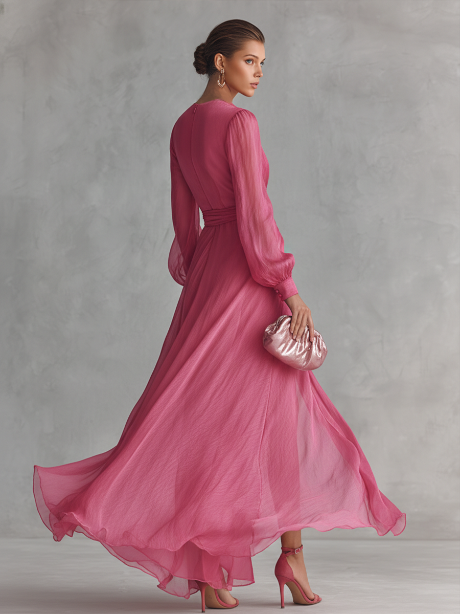 Abito lungo da donna elegante in chiffon rosa perla con scollo a V e cintura in vita