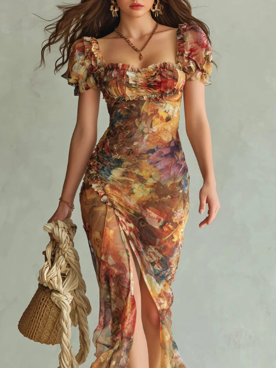 Abito Maxi Elegante con Scollo Quadrato, Maniche Corte e Righe Floreali