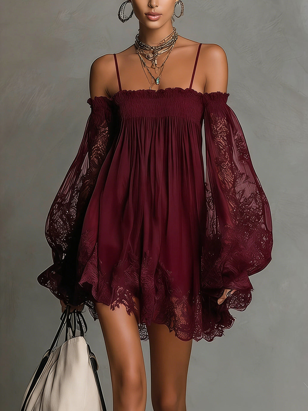 Noemi - Vestito mini in chiffon blu navy con scollo a spalle scoperte, bordo in pizzo e maniche trasparenti