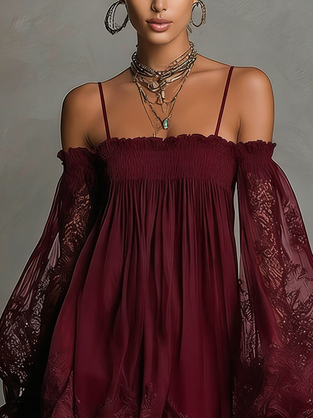 Noemi - Vestito mini in chiffon blu navy con scollo a spalle scoperte, bordo in pizzo e maniche trasparenti