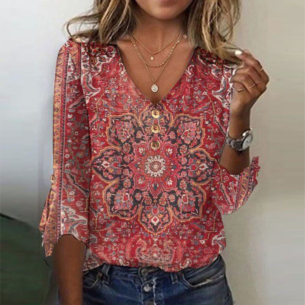 Arabella | Top V-Neck a Manica 3/4 con Stampa Rossa