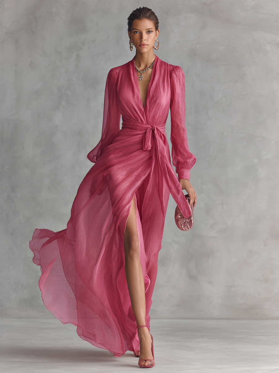 Abito lungo da donna elegante in chiffon rosa perla con scollo a V e cintura in vita