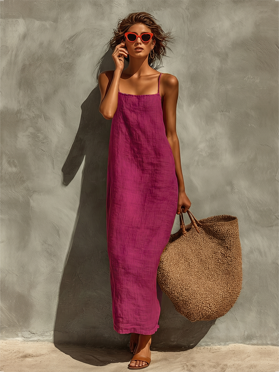 Abito da donna in cotone rosso con spalline sottili e scollo quadrato, un intramontabile modello in stile boho-resort