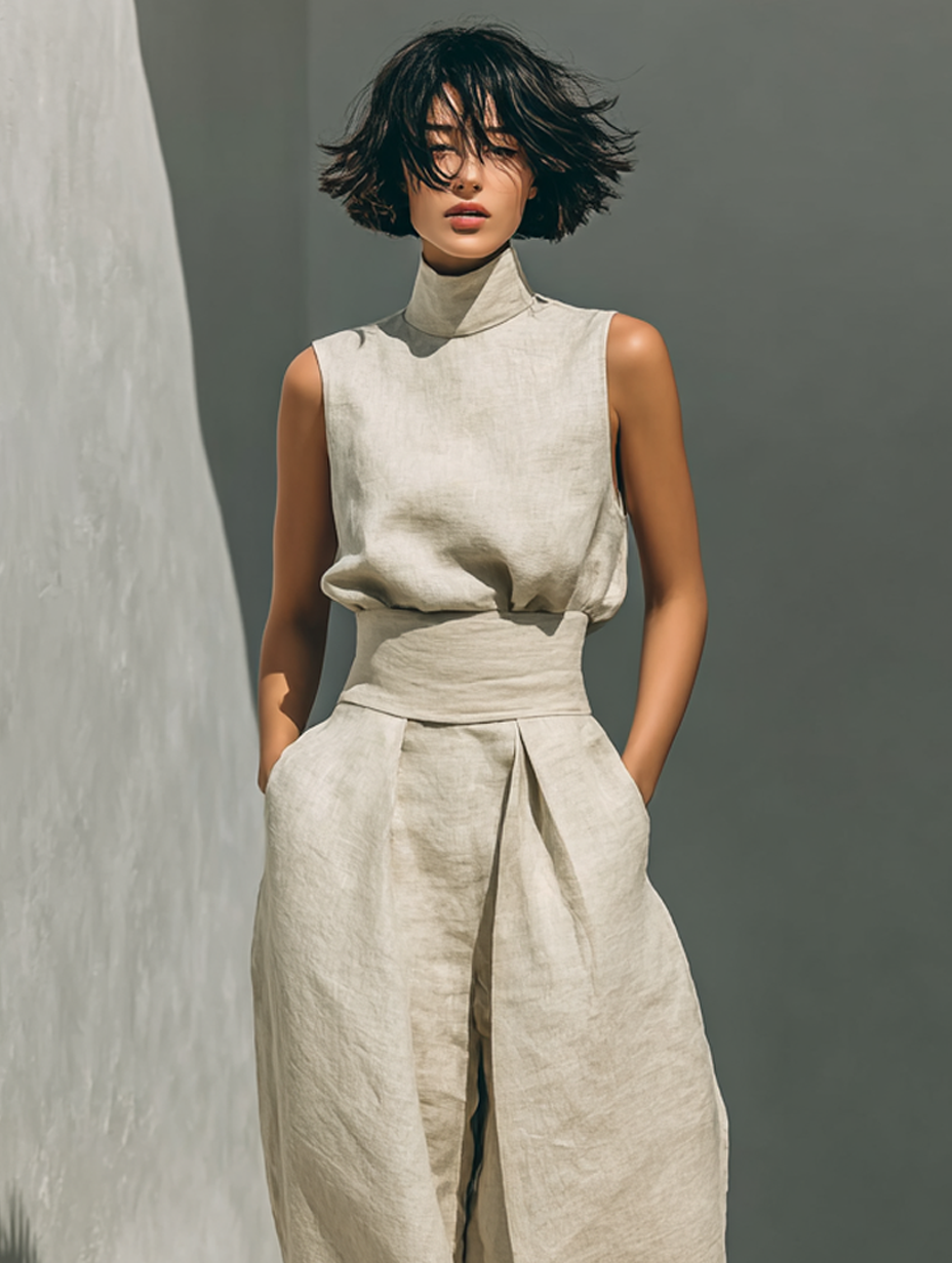 Maria | Conjunto minimalista de top de algodón y lino y pantalón de pierna ancha para mujer