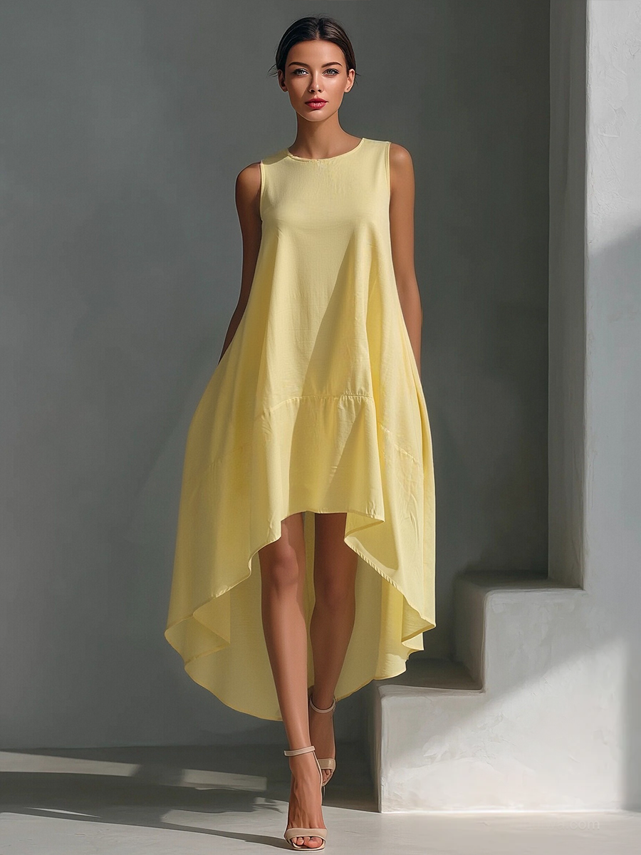 Vestido midi blanco de lino sin mangas para mujer con cuello redondo y bajo asimétrico