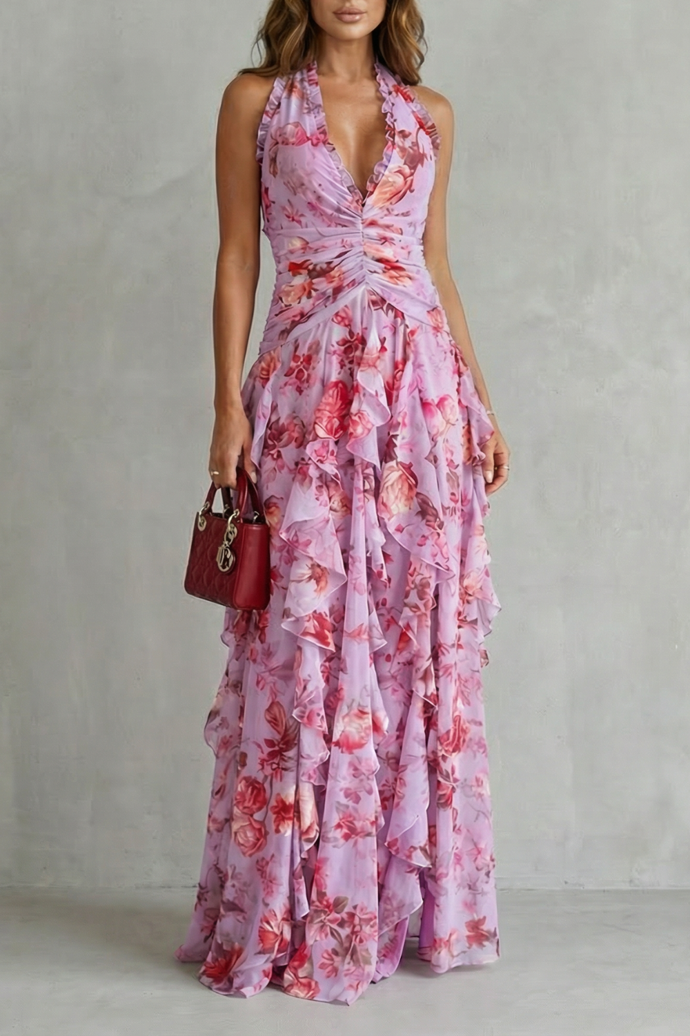 Belladina | Romántica Cascada de Rosas Vestido Largo con Escote Americano