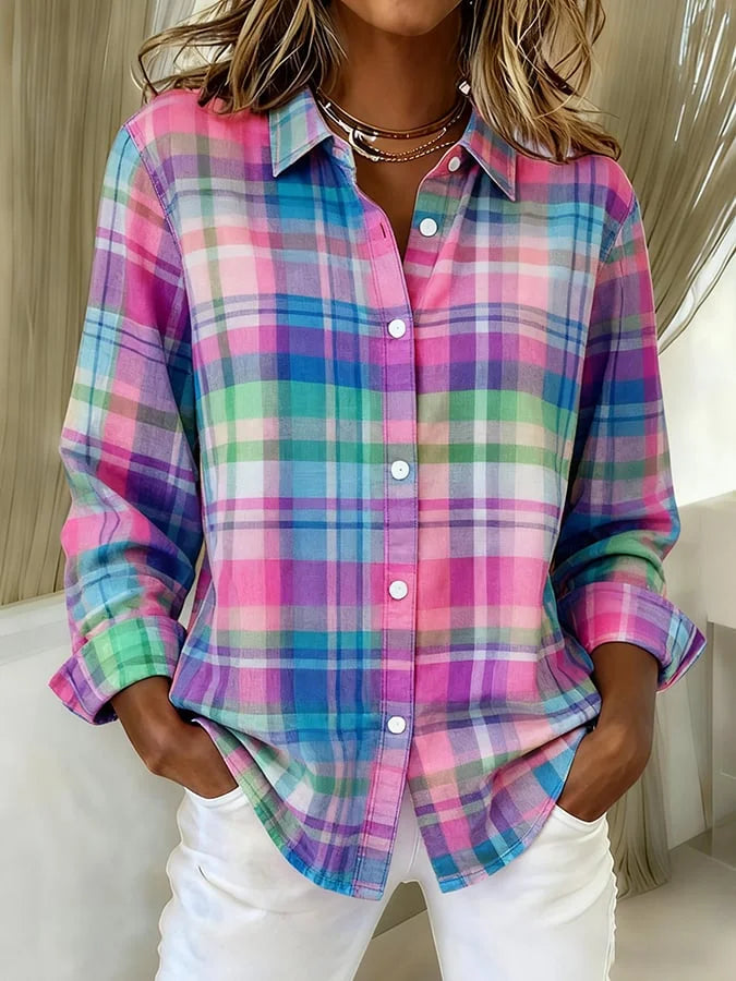 Camicia a quadri rosa retro casual da donna