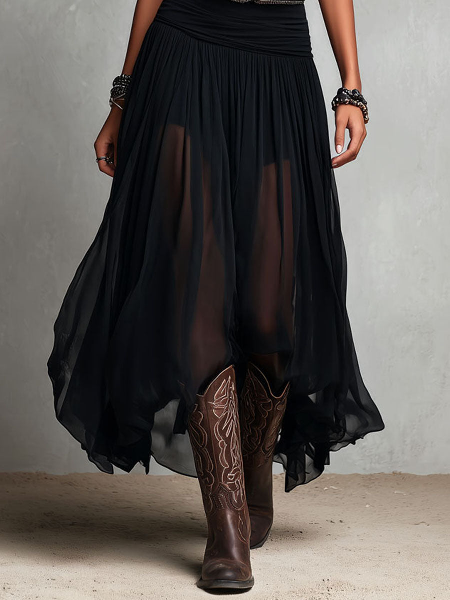Abito Maxi Stretchy Nero Boho Western con Gonna Trasparente