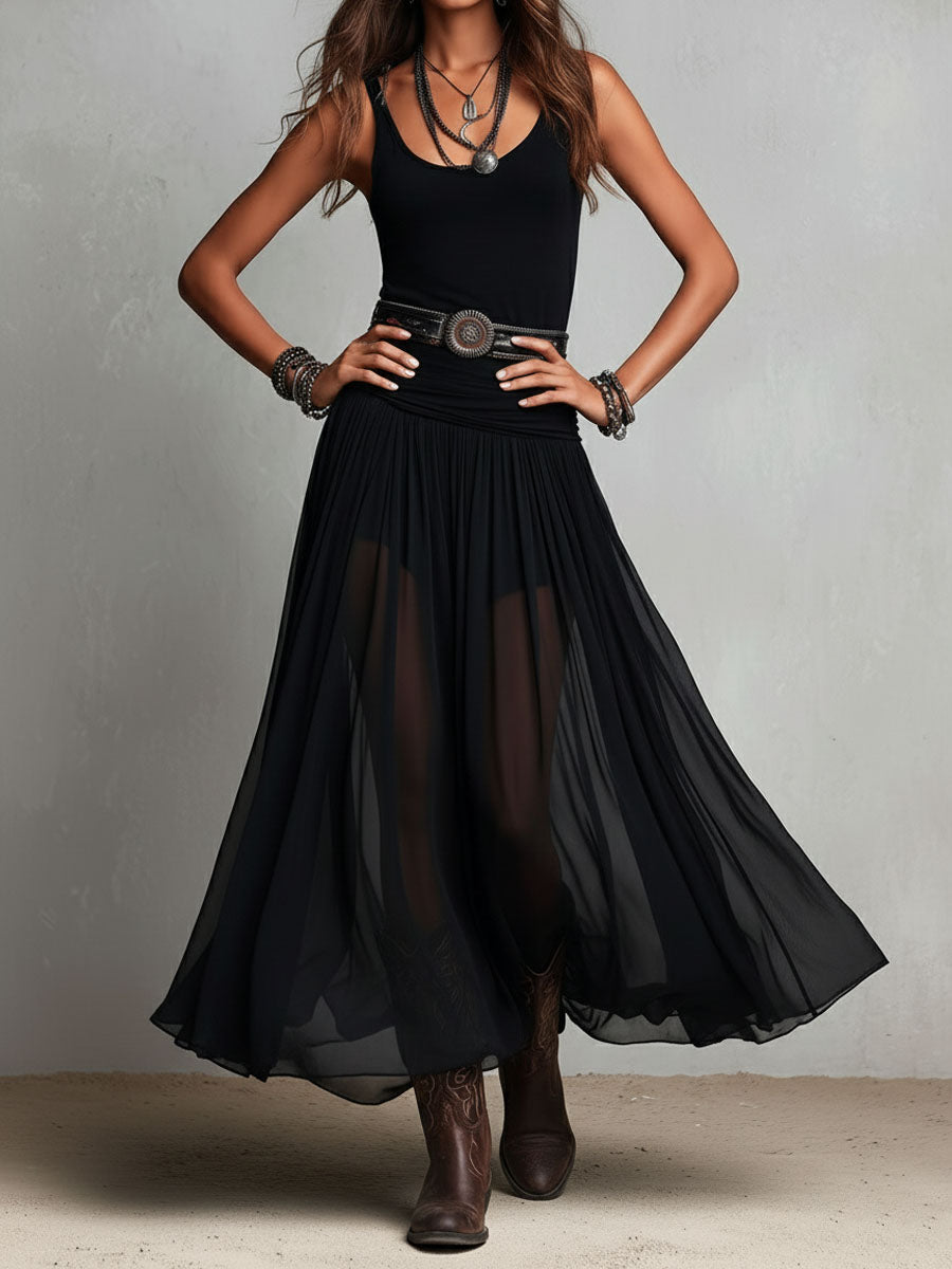 Abito Maxi Stretchy Nero Boho Western con Gonna Trasparente
