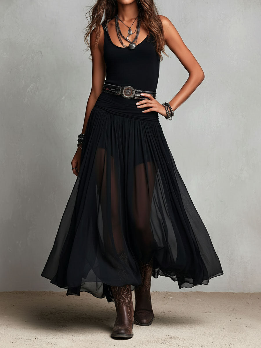 Abito Maxi Stretchy Nero Boho Western con Gonna Trasparente
