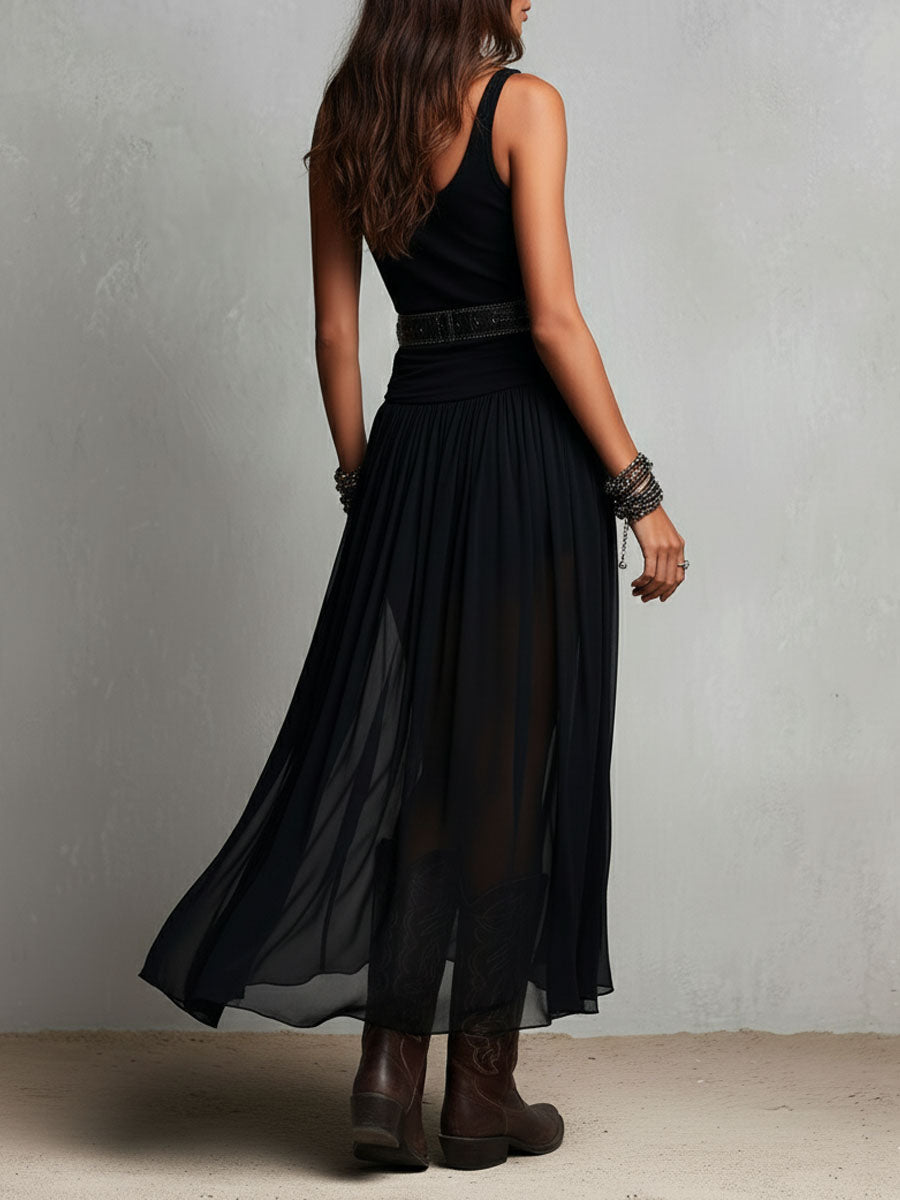 Abito Maxi Stretchy Nero Boho Western con Gonna Trasparente