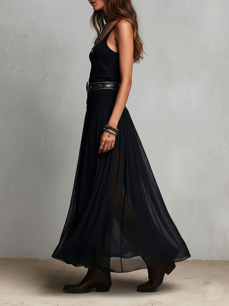 Abito Maxi Stretchy Nero Boho Western con Gonna Trasparente