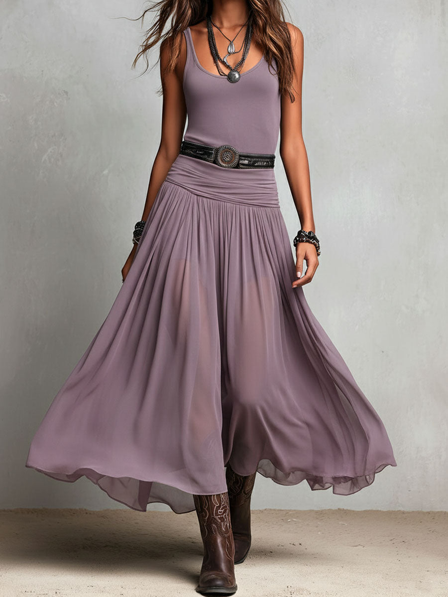 Abito Maxi Stretchy Nero Boho Western con Gonna Trasparente
