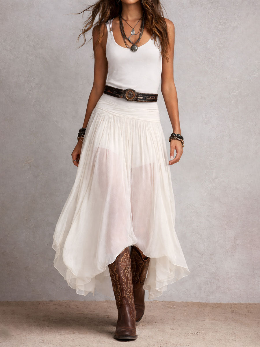 Abito Maxi Stretchy Nero Boho Western con Gonna Trasparente