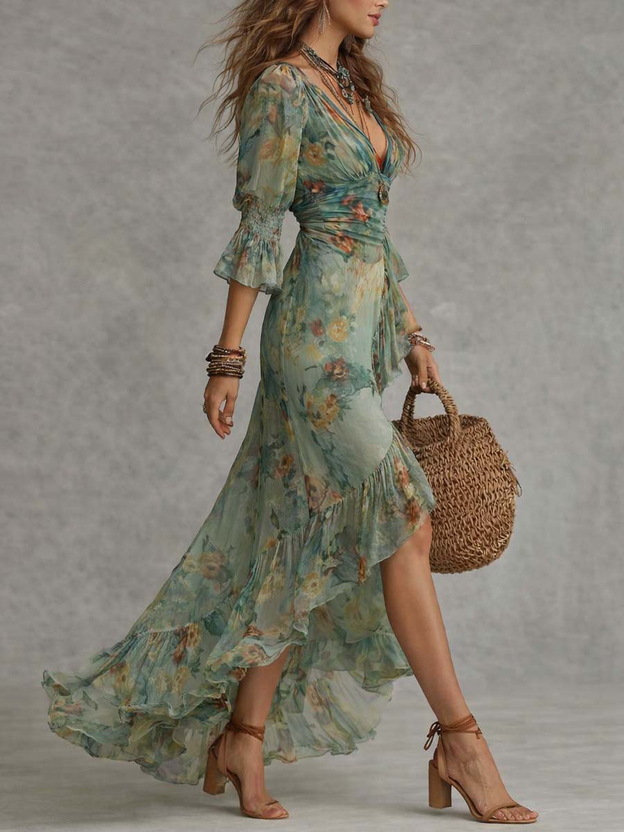Aurora - abito lungo floreale boho con orlo asimmetrico romantico