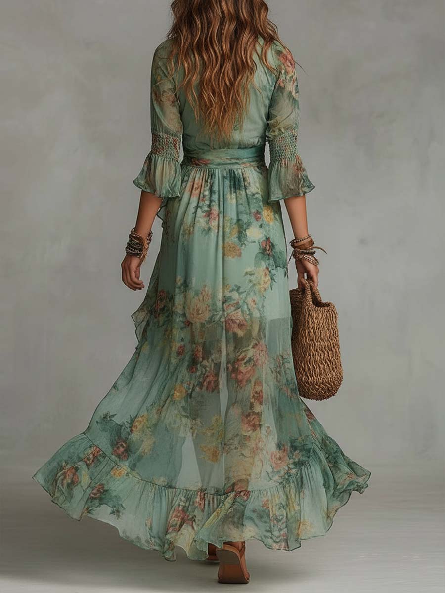 Aurora - abito lungo floreale boho con orlo asimmetrico romantico