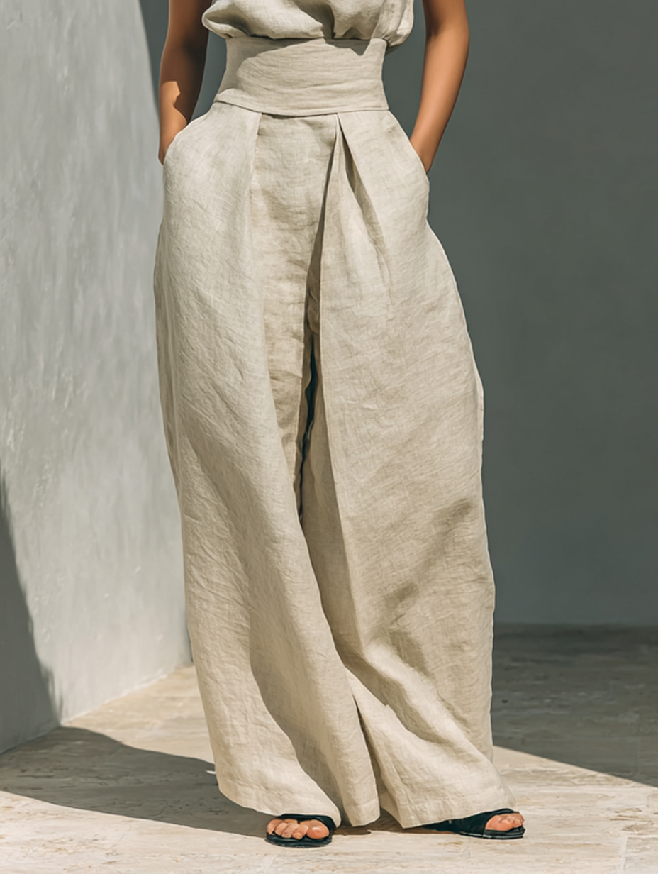 Maria | Conjunto minimalista de top de algodón y lino y pantalón de pierna ancha para mujer