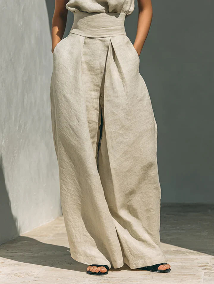 Flor™ | Completo minimalista di top senza maniche e pantaloni a gamba larga in cotone e lino per donna