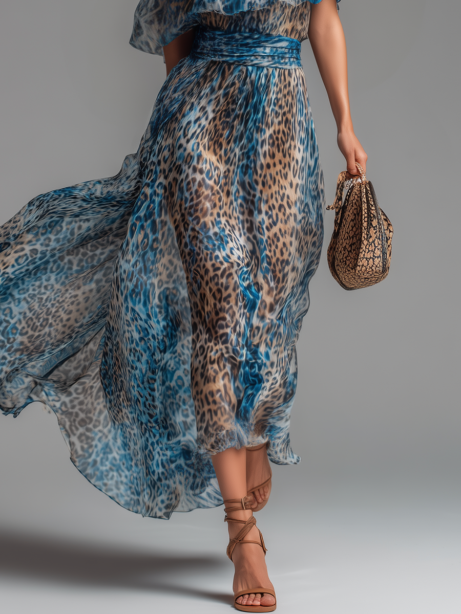 Selvaggia - Abito lungo in chiffon con stampa leopardata e spalle scoperte