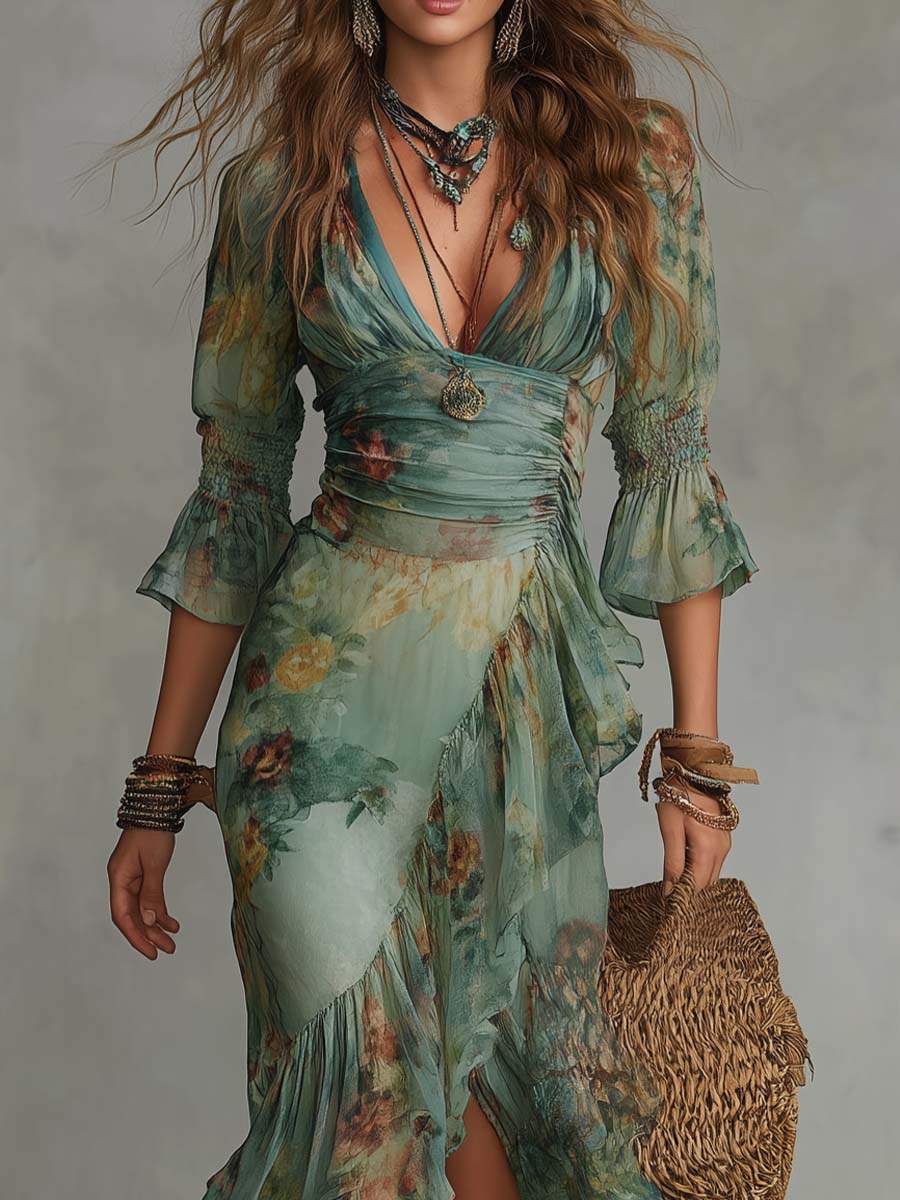 Aurora - abito lungo floreale boho con orlo asimmetrico romantico