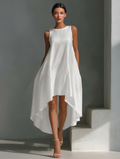Vestido midi blanco de lino sin mangas para mujer con cuello redondo y bajo asimétrico