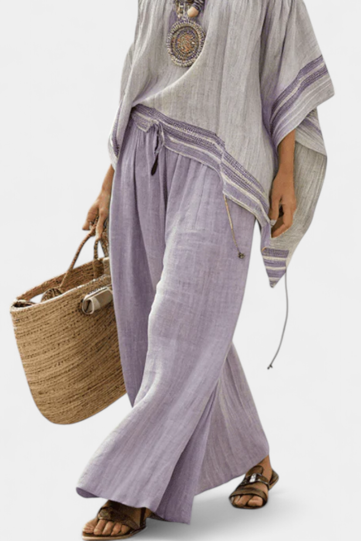 Zandrel | Elegante Top Off-Shoulder e Pantaloni Striped a Gamba Larga