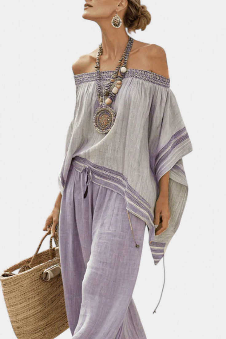 Zandrel | Elegante Top Off-Shoulder e Pantaloni Striped a Gamba Larga