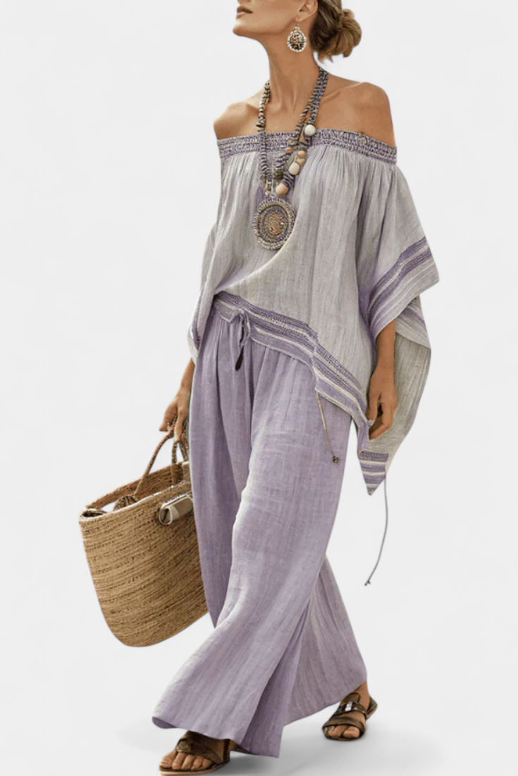 Zandrel | Elegante Top Off-Shoulder e Pantaloni Striped a Gamba Larga