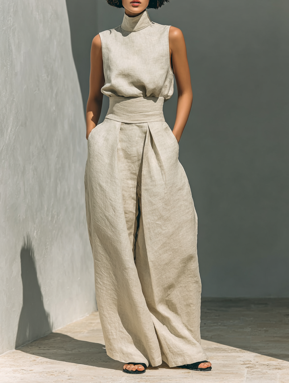 Maria | Conjunto minimalista de top de algodón y lino y pantalón de pierna ancha para mujer