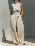 Maria | Conjunto minimalista de top de algodón y lino y pantalón de pierna ancha para mujer