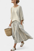 Aurcyn | Blusa Comoda e Larga & Gonna Midi a Righe