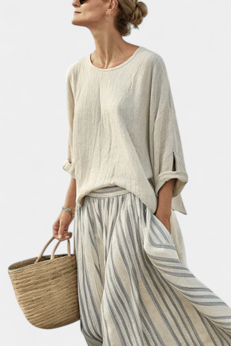 Aurcyn | Blusa Comoda e Larga & Gonna Midi a Righe