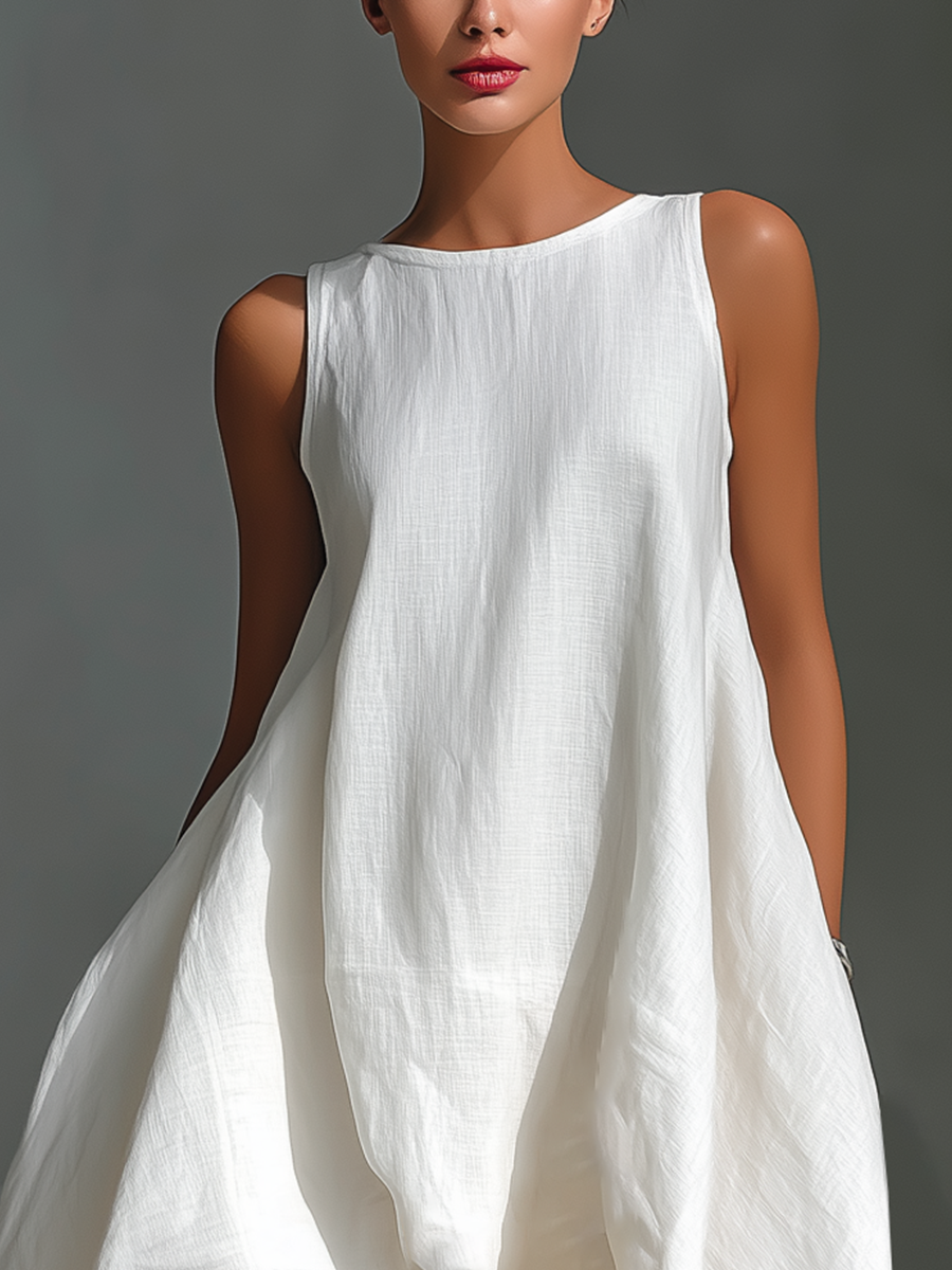 Vestido midi blanco de lino sin mangas para mujer con cuello redondo y bajo asimétrico