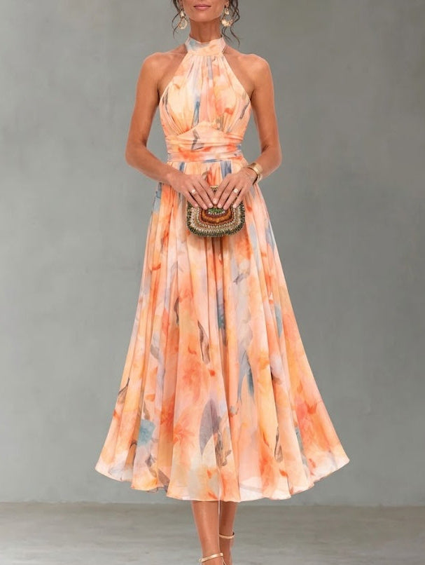 Aurora | Vestido de primavera, con cuello americano y estampado de acuarela