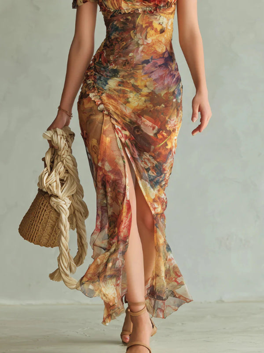 Abito Maxi Elegante con Scollo Quadrato, Maniche Corte e Righe Floreali