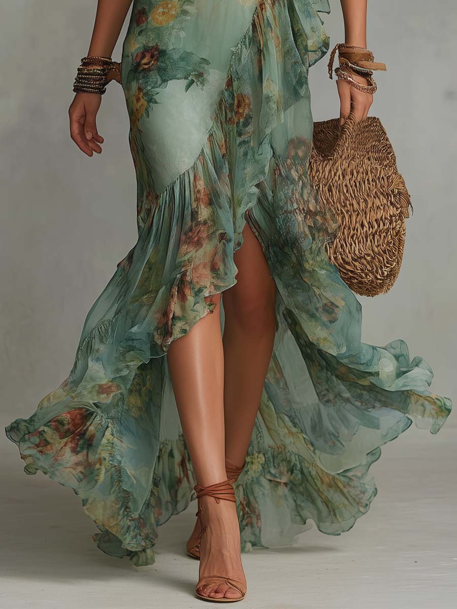 Aurora - abito lungo floreale boho con orlo asimmetrico romantico