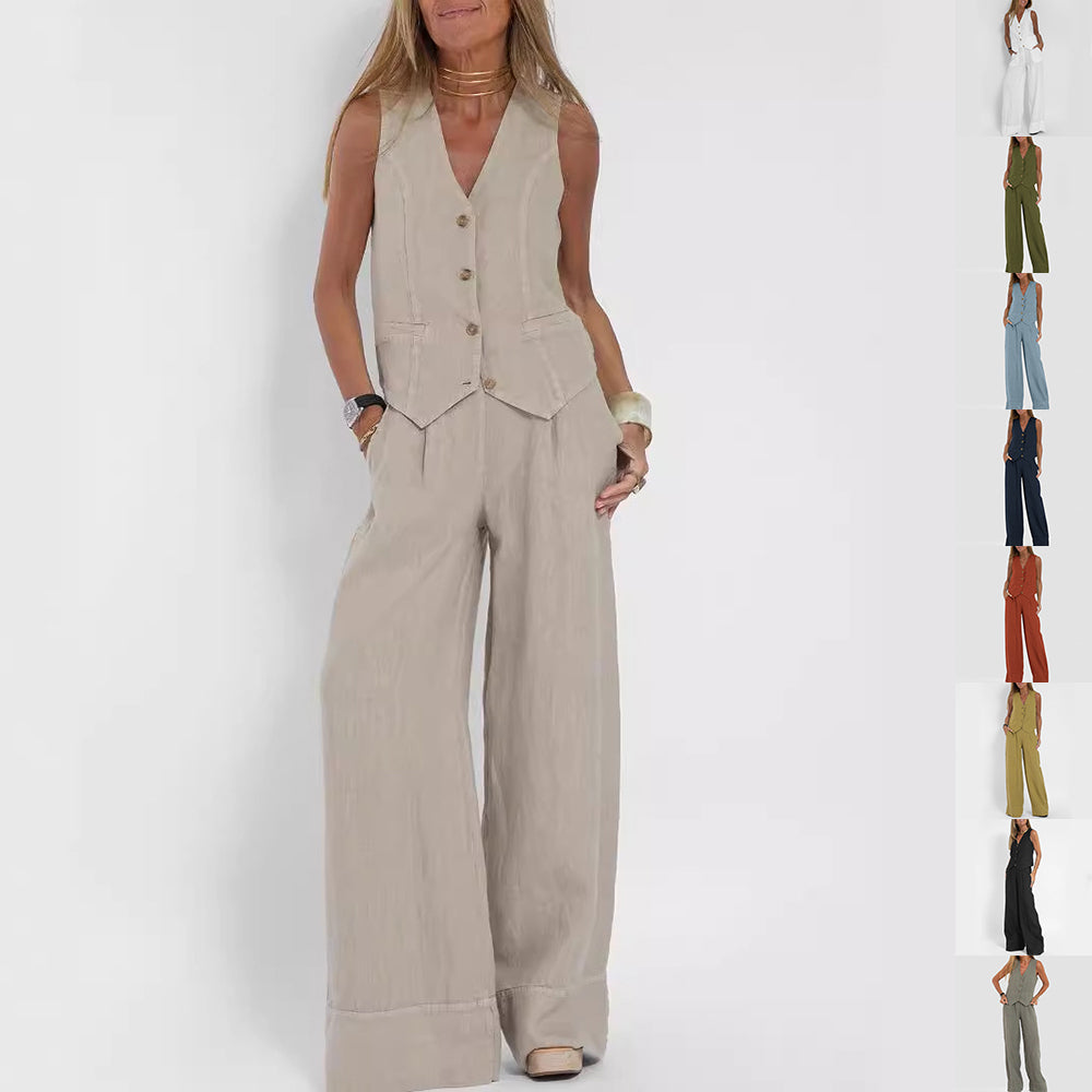 Top estivo senza maniche e pantaloni dritti larghi