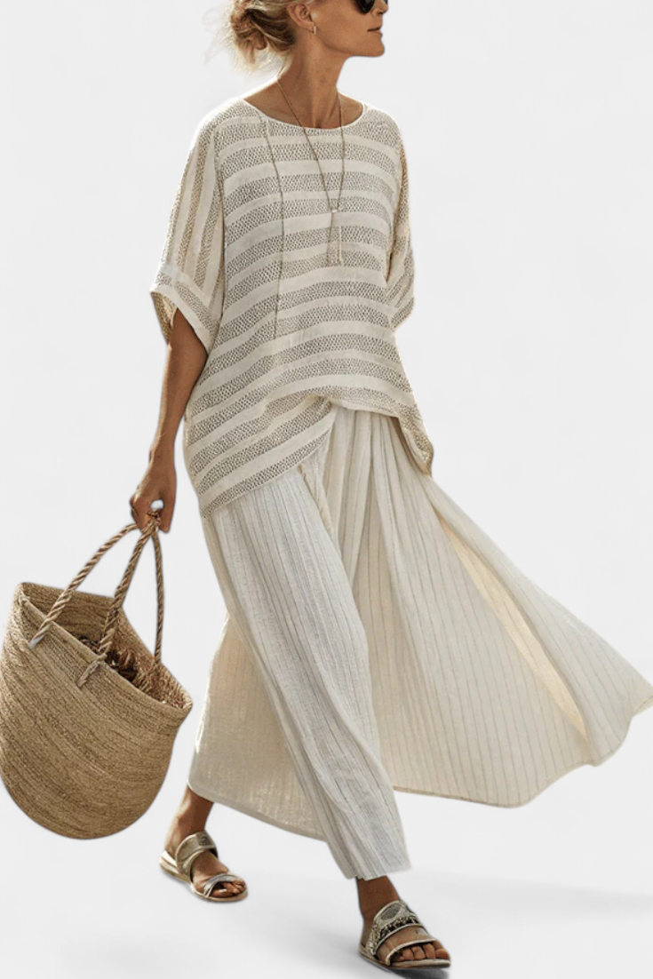 Westlyn | Top in Bambù a Strisce Confortevole & Pantaloni in Lino Fluttuanti