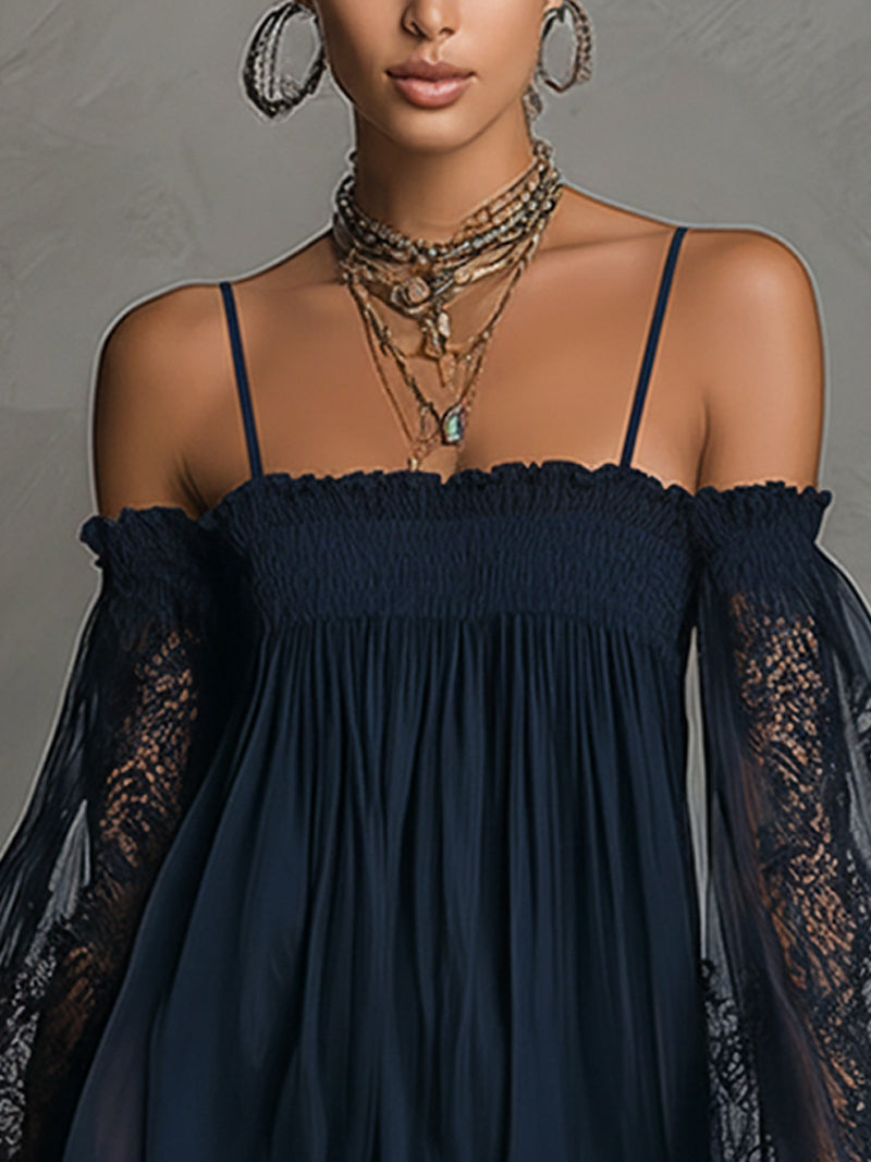 Noemi - Vestito mini in chiffon blu navy con scollo a spalle scoperte, bordo in pizzo e maniche trasparenti