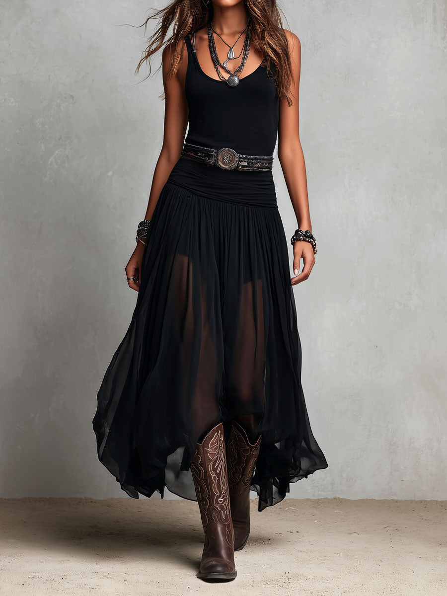 Abito Maxi Stretchy Nero Boho Western con Gonna Trasparente