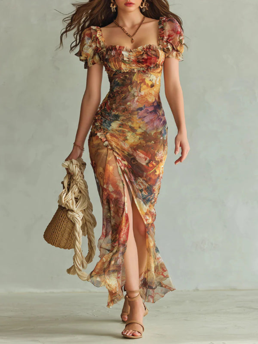 Abito Maxi Elegante con Scollo Quadrato, Maniche Corte e Righe Floreali