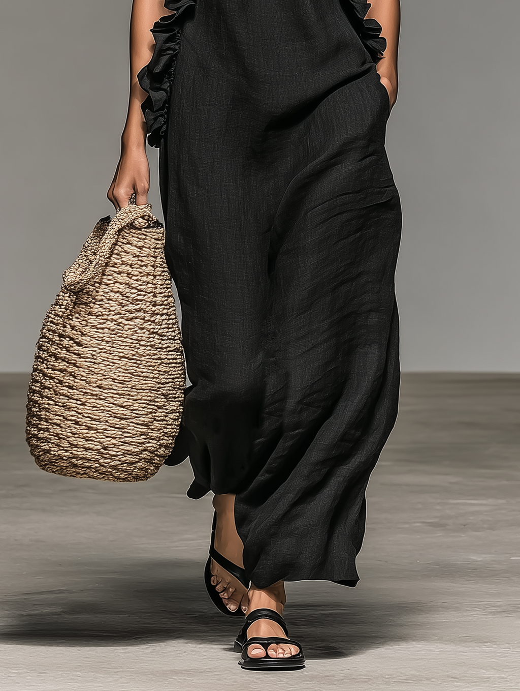 Abito Maxi Senza Maniche in Lino Minimalista da Donna con Rouches