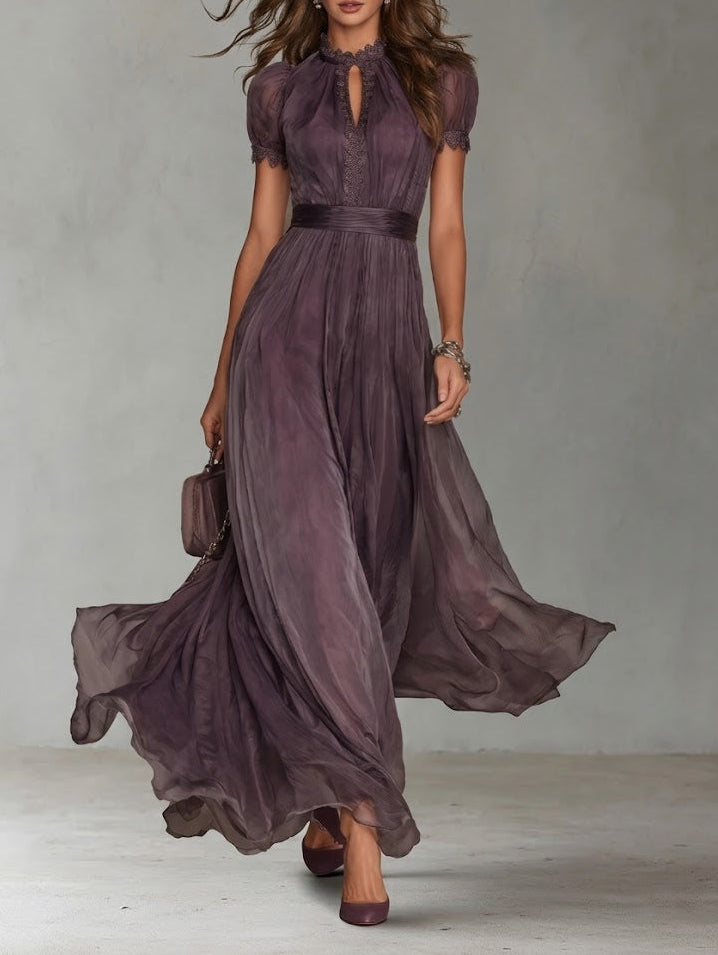 Flavia - Vestido de primavera, largo morado con escote en forma de gota y ribete de encaje de gasa