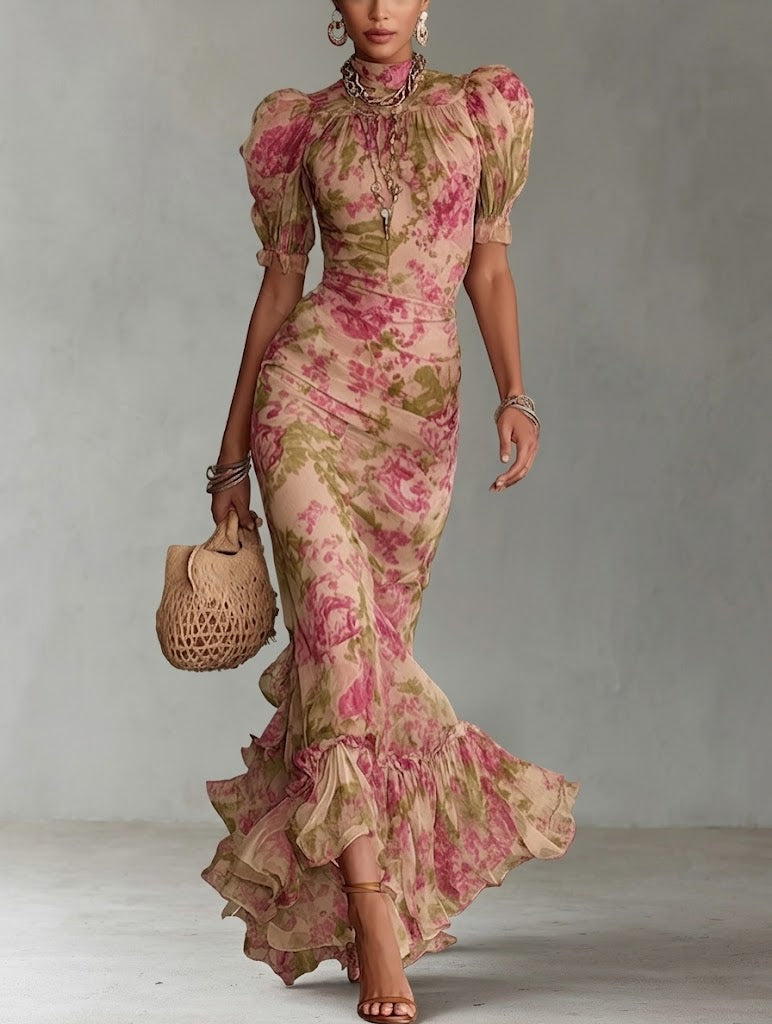 Fiora - Vestido de primavera, largo con estampado vintage de rosas con hombreras