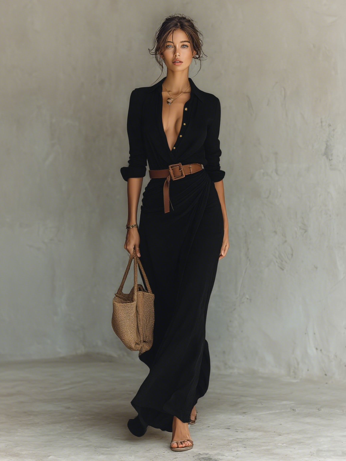 Laura - Vestido esencial - largo con cuello de solapa y mangas largas para mujer